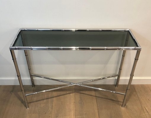 Console Table Faux Bamboo Frame X-Crossbar Chrome Glass