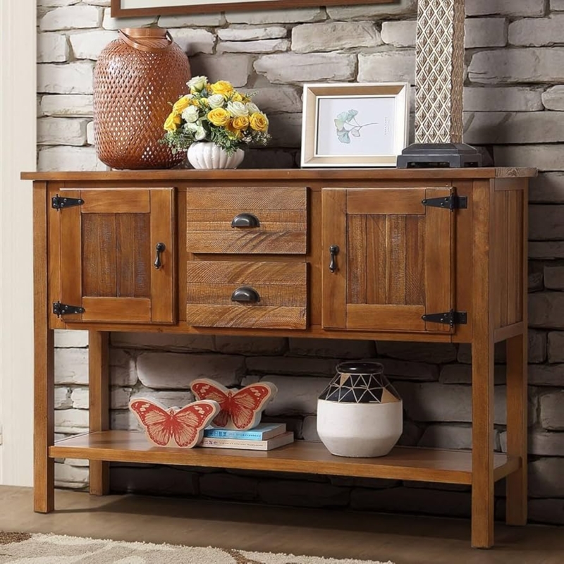 Console Table featuring Rustic Strap Hinges and Brown Wood Finish
