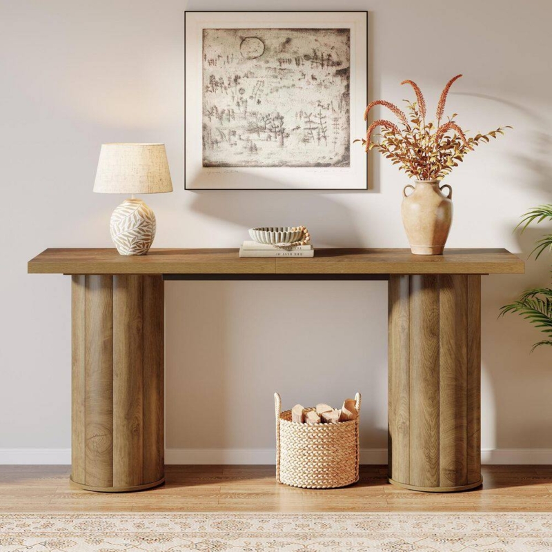 Console Table Fluted Double Pedestal Base Light Brown