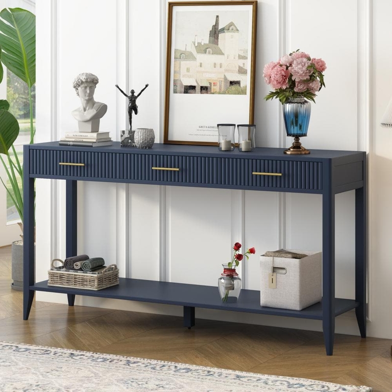 Console Table Fluted Drawers Navy Blue Gold Hardware Open Shelf Transitional