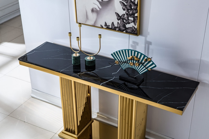 Console Table Fluted Gold Base Black Marbled Top Slim Profile