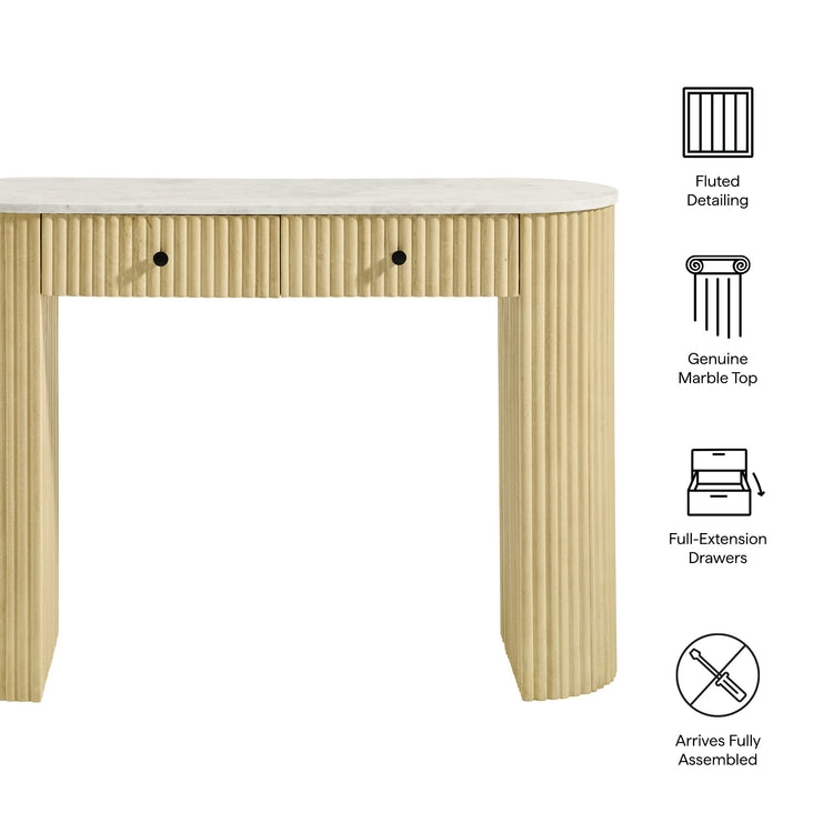 Console Table Fluted Wood Texture Marble Top Curved Legs Storage
