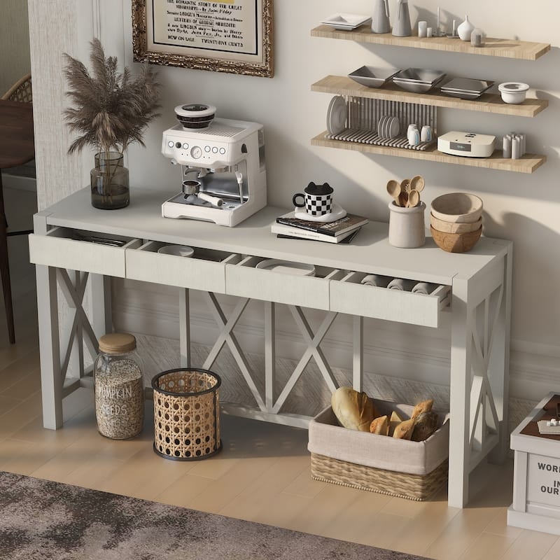 Console Table Four Drawer Off White X Frame Farmhouse Storage Unit