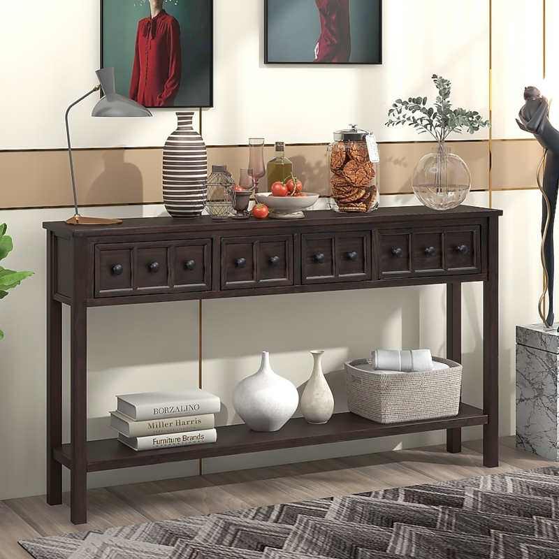 Console Table Four Drawers Distressed Finish Narrow Entryway Profile