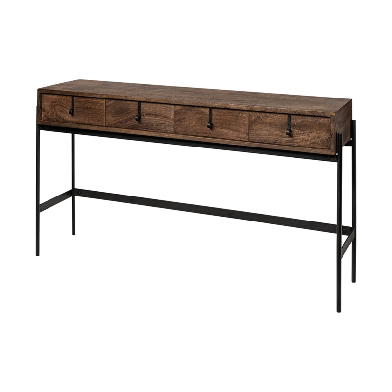 Console Table Four Drawers Strap-Style Hardware Slim Linear Profile