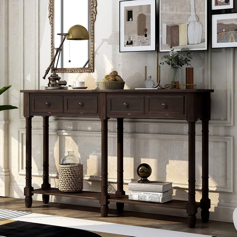 Console Table Four Drawers Turned Legs Traditional Dark Wood Entryway