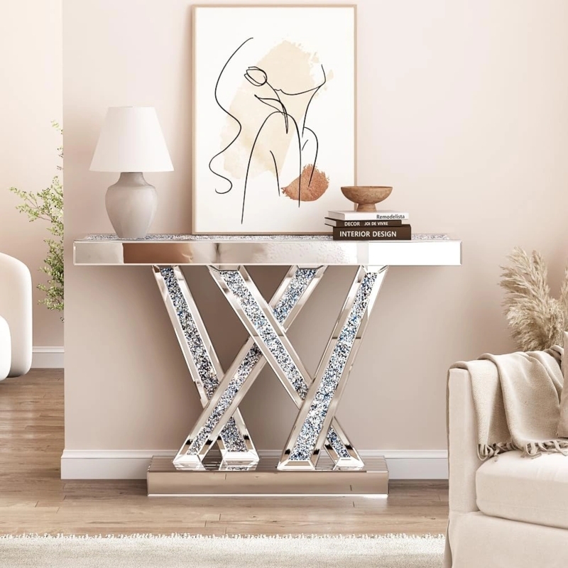 Console Table Geometric Base Crushed Crystal Inlay Mirrored Foyer
