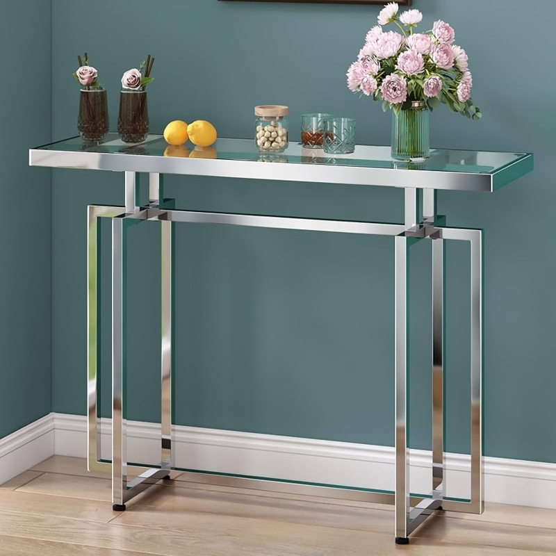 Console Table Geometric Chrome Frame Tiered Glass Shelving