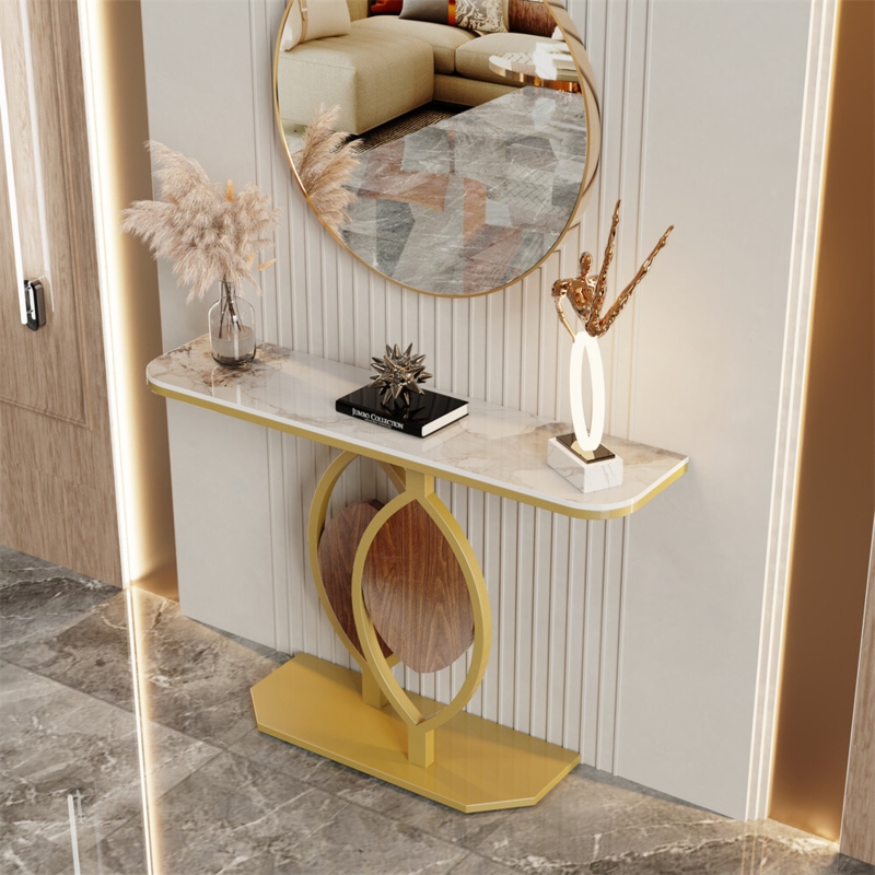 Console Table Geometric Gold Pedestal Ribbed Surface Glam Hallway