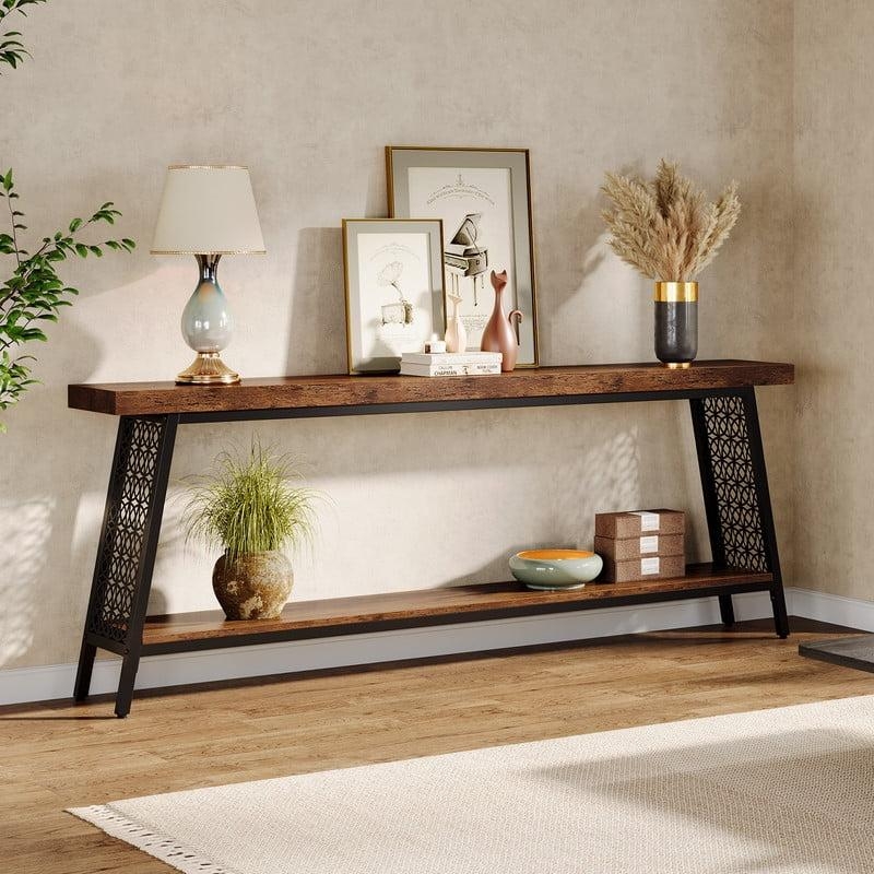 Console Table Geometric Side Panels Two Tier Wood Toned Metal