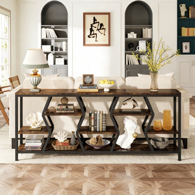 Console Table Geometric Zig-Zag Frame Four-Tier Rustic Wood Design