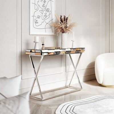 Console Table Glam Mirrored Apron Chrome X Legs Modern Hallway Decor