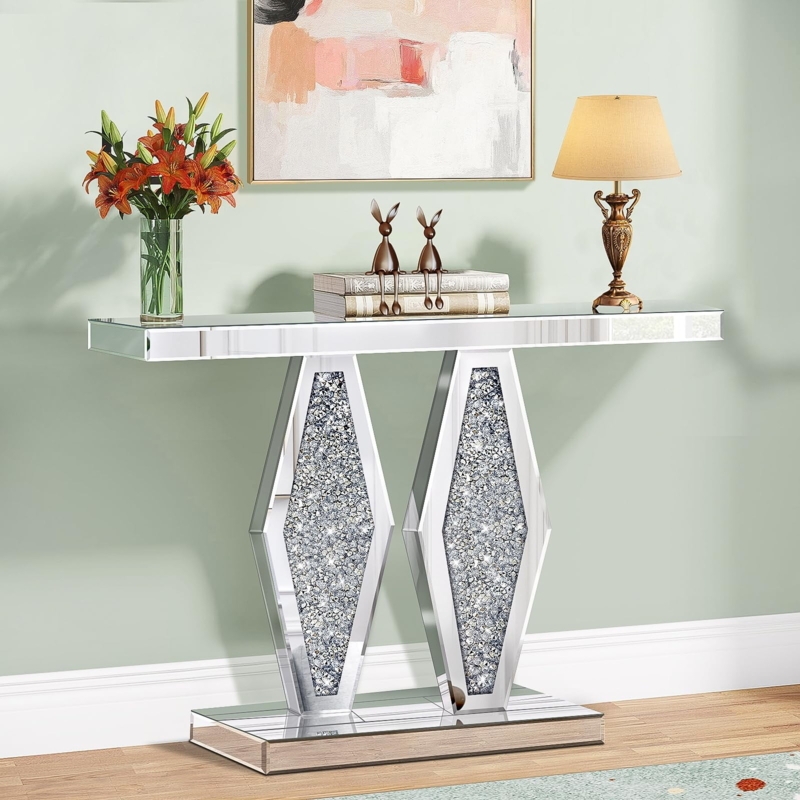 Console Table Glam Mirrored Hallway Silver Finish Pedestal