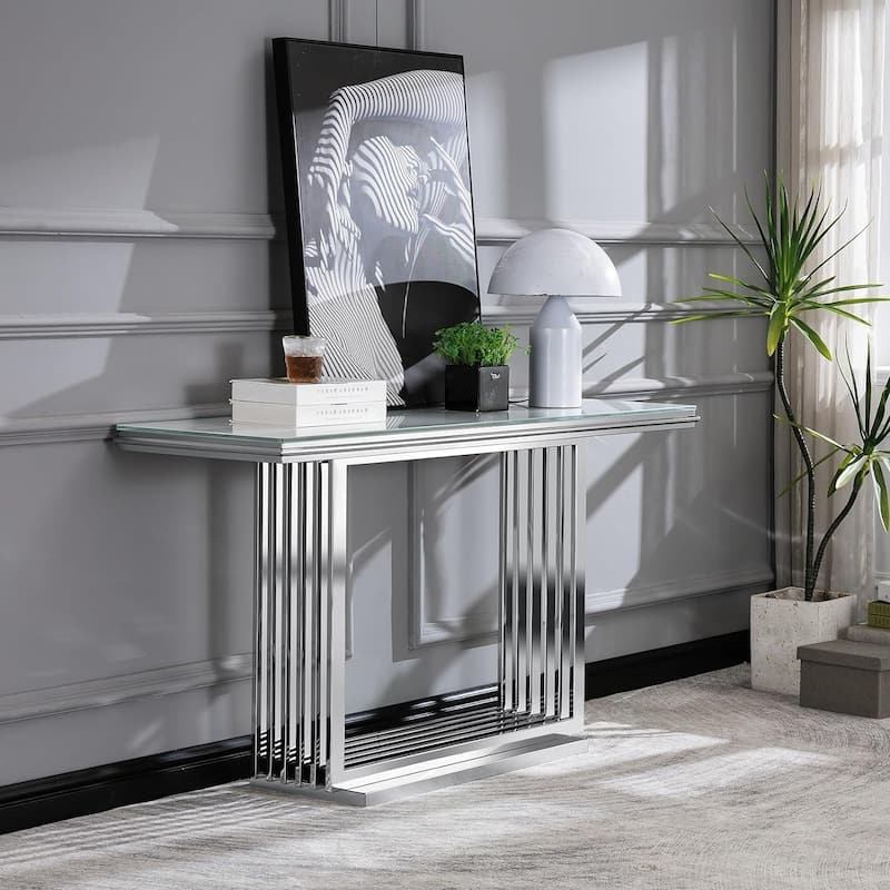 Console Table Glam Polished Silver Vertical Slat Base Glass Top