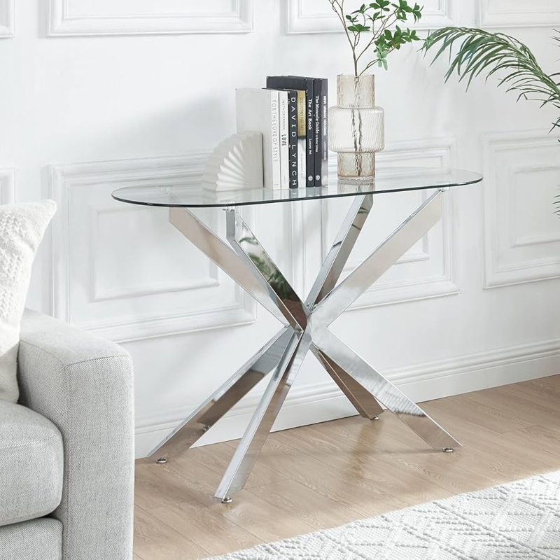 Console Table Glass Oval Top Sculptural X-Base Polished Silver
