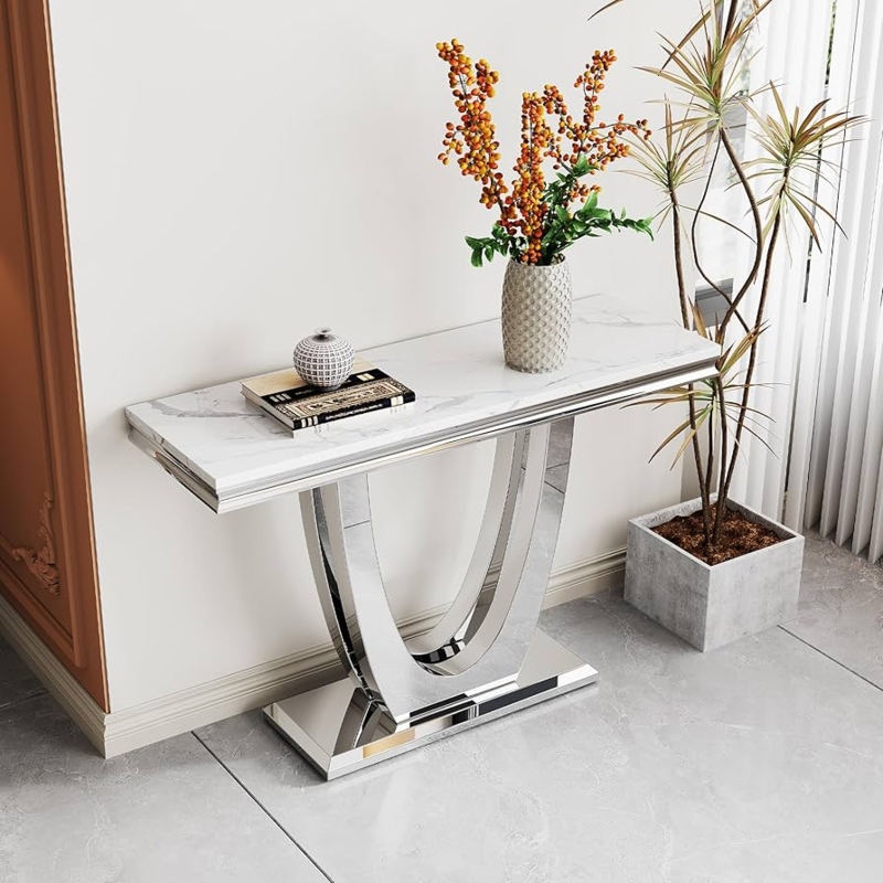Console Table Glossy Metal U-Shaped Base Stone Look Top Hallway
