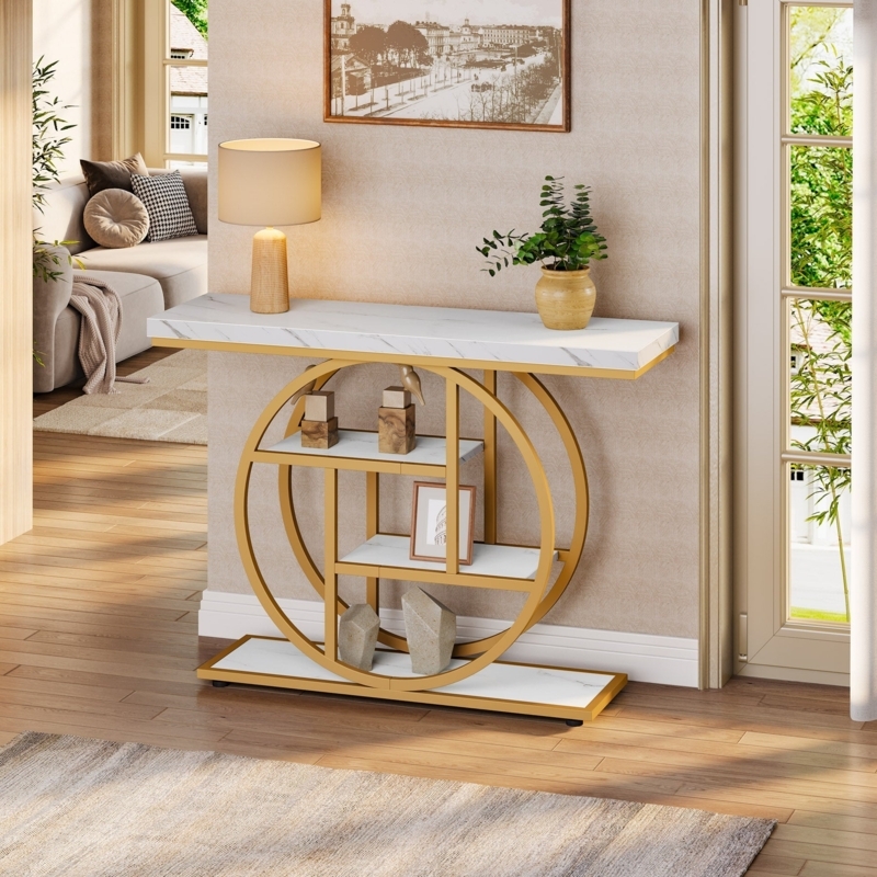 Console Table Gold Circular Base Faux Marble Multi-Tier Shelving Glam