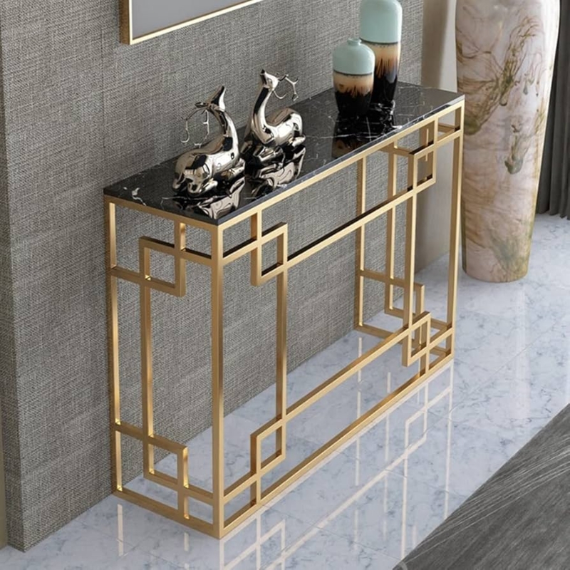 Console Table, Gold Geometric Base & Black Veined Marble Top, Glam