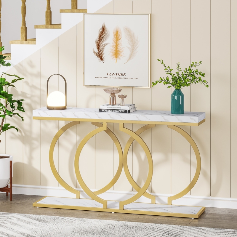Console Table Gold Geometric Base Marble Pattern Entryway Decor