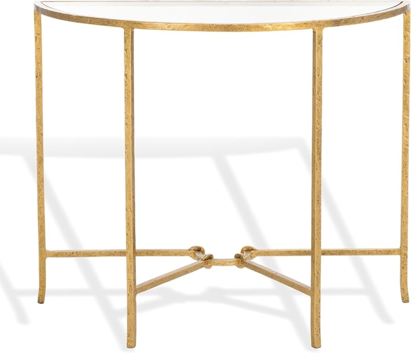 Console Table Gold Hammered Metal Demilune Silhouette Glass Top Glam