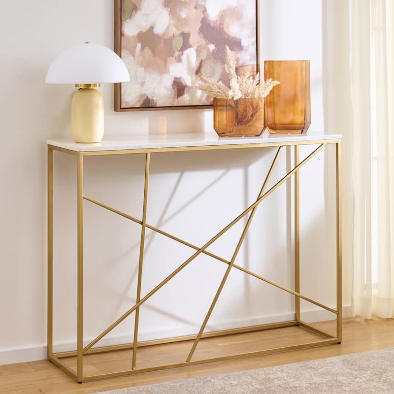 Console Table Gold Intersecting Geometric Legs Marble Look Top