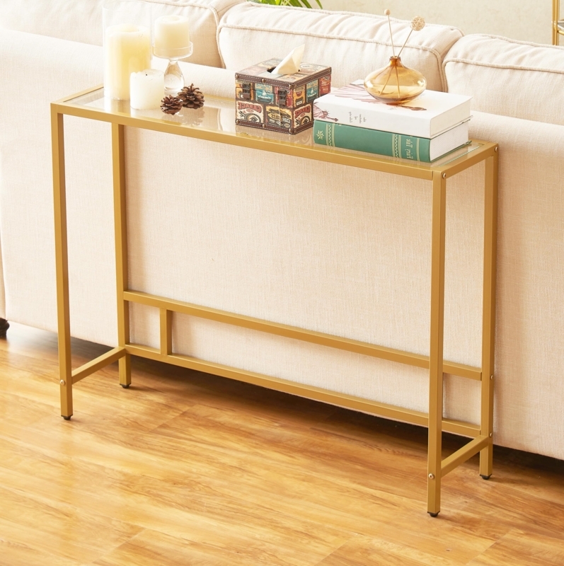 Console Table Gold Metal Frame Glass Top Slim Profile Glam