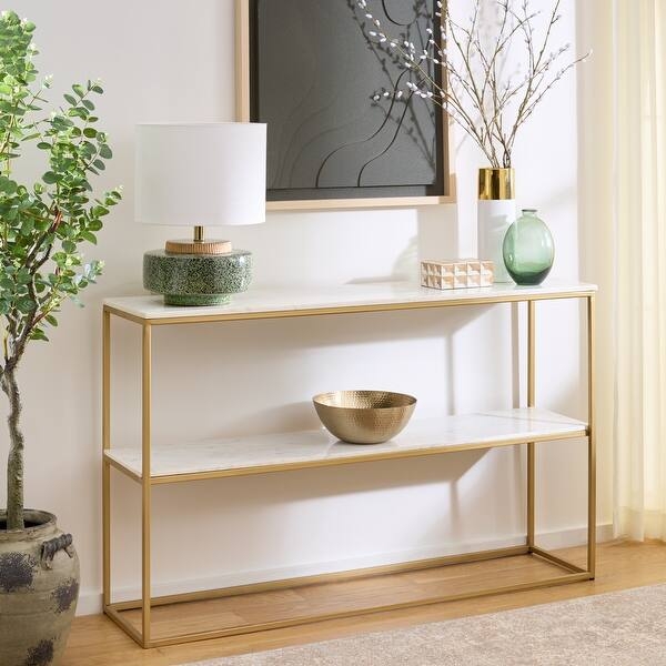 Console Table Gold Metal Frame Stone Like Shelves Two Tier Glam Styling