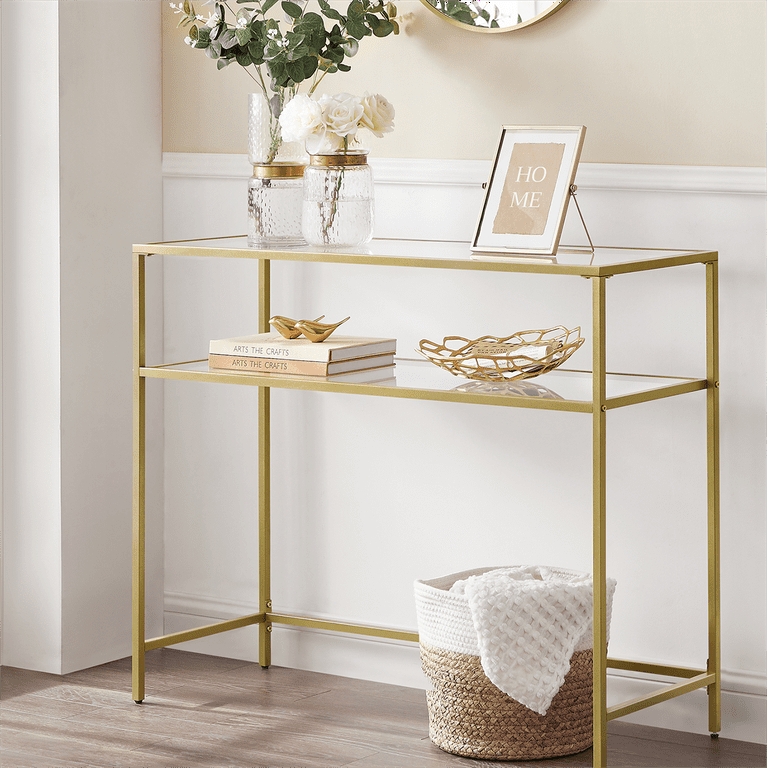 Console Table Gold Metal Frame Two Tier Glass Shelves Slender Silhouette