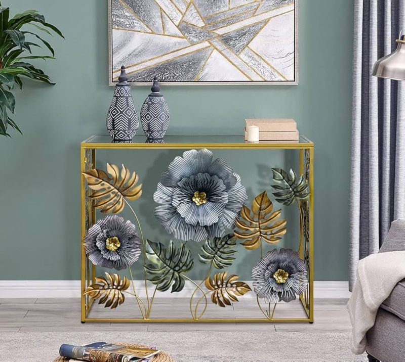 Console Table Gold Toned 3D Floral Metal Decor Mirror Top Glam