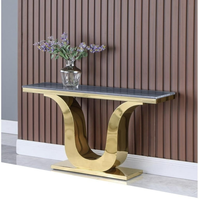 Console Table Gray Veined Top Polished Gold U-Shaped Base Entryway