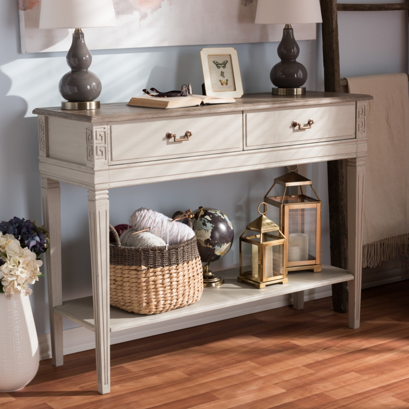 Console Table Greek Key Motif French Provincial Weathered Oak