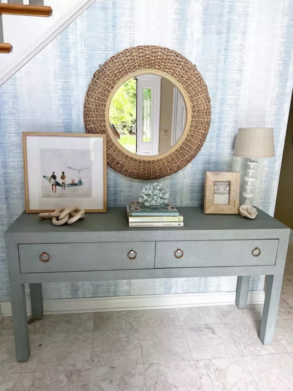 Console Table Grey Linen Wrapped Texture Ring Pulls Coastal Chic