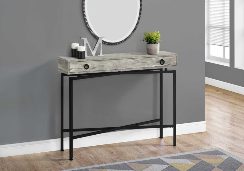 Console Table Grey Reclaimed Wood Ring Pull Drawer Black Metal Base