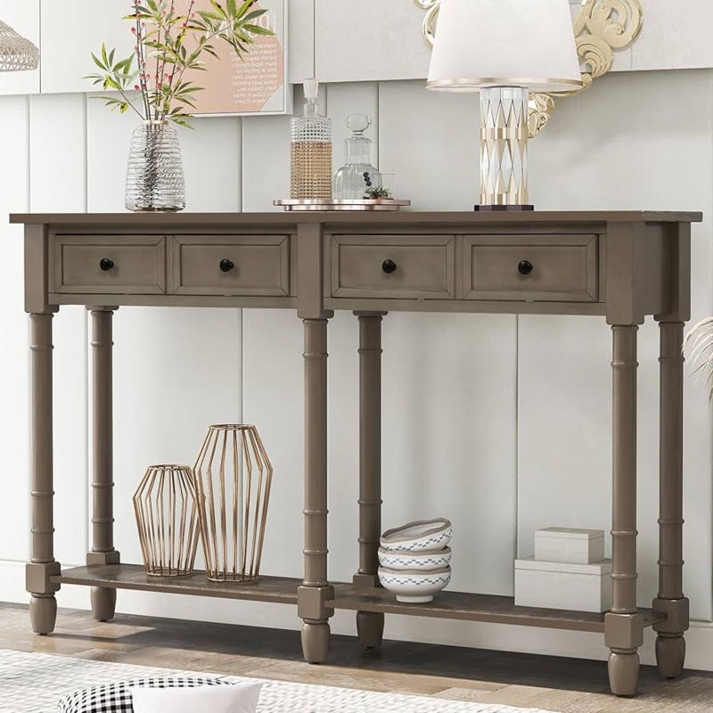 Console Table Grey Wash Finish Four Drawer Storage Ring Turned Legs