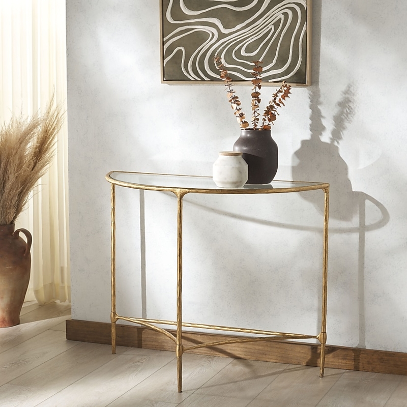 Console Table, Half-Moon Glass Top with Slender Brass Metal Frame