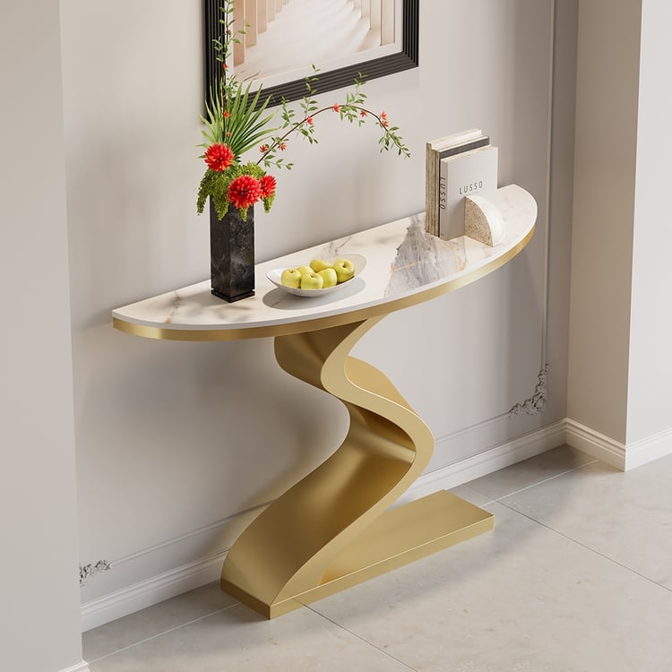 Console Table Half Moon Top Serpentine Base White Stone Contemporary