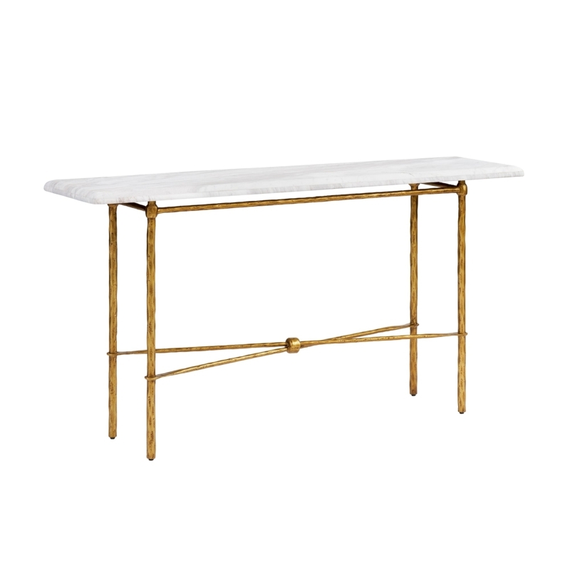 Console Table, Hammered Gold Metal Base with Cross-Brace & White Stone Top
