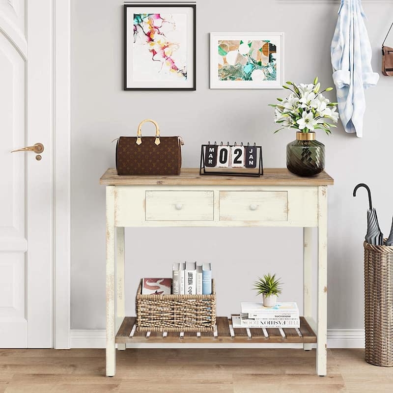 Console Table Heavily Distressed Slatted Shelf Two Tone Shabby Chic