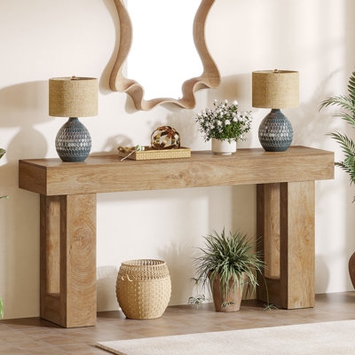 Console Table Hollow Block Legs Light Oak Tone Thick Top