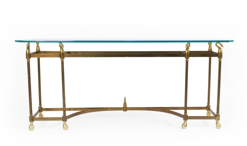 Console Table, Hollywood Regency Swan Head & Paw Feet Brass Frame
