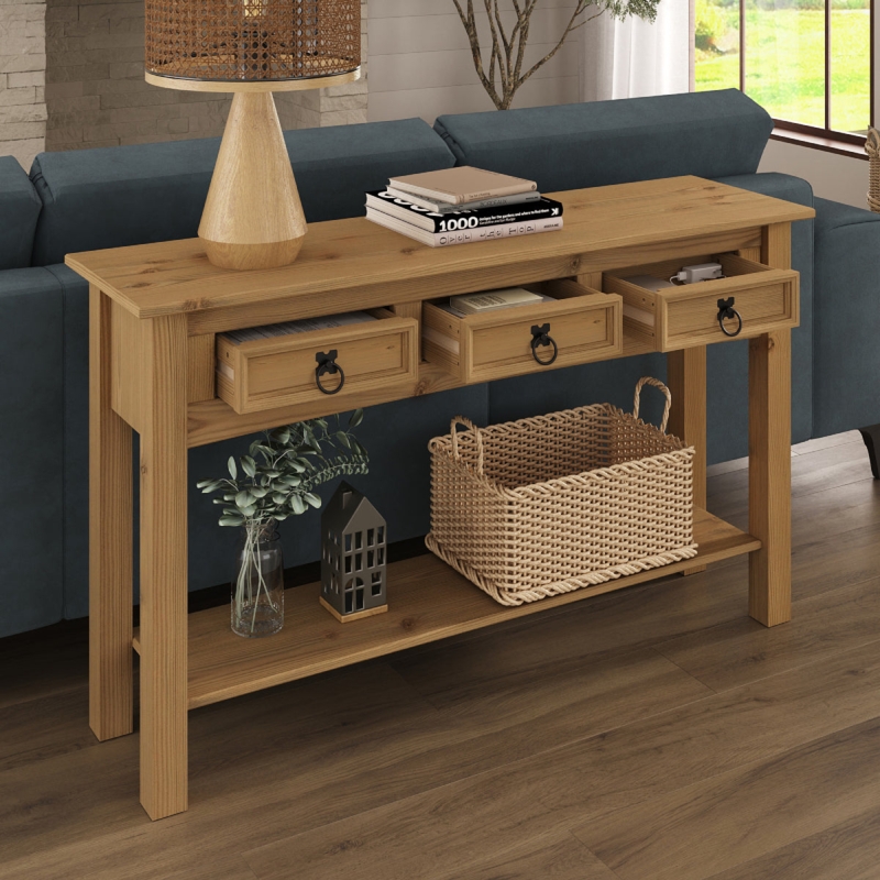 Console Table Honey Wood Black Ring Pulls Rustic Wood Console Styling