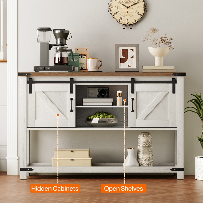 Console Table in Antique White and Oak Brown with Sliding Doors