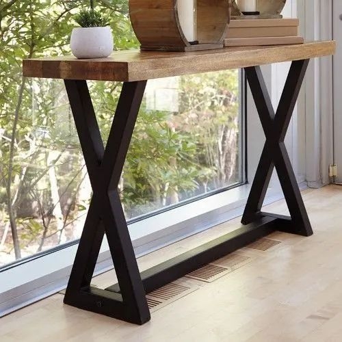 Console Table Industrial Thick Wood Top Black Metal X Frame Base Foyer