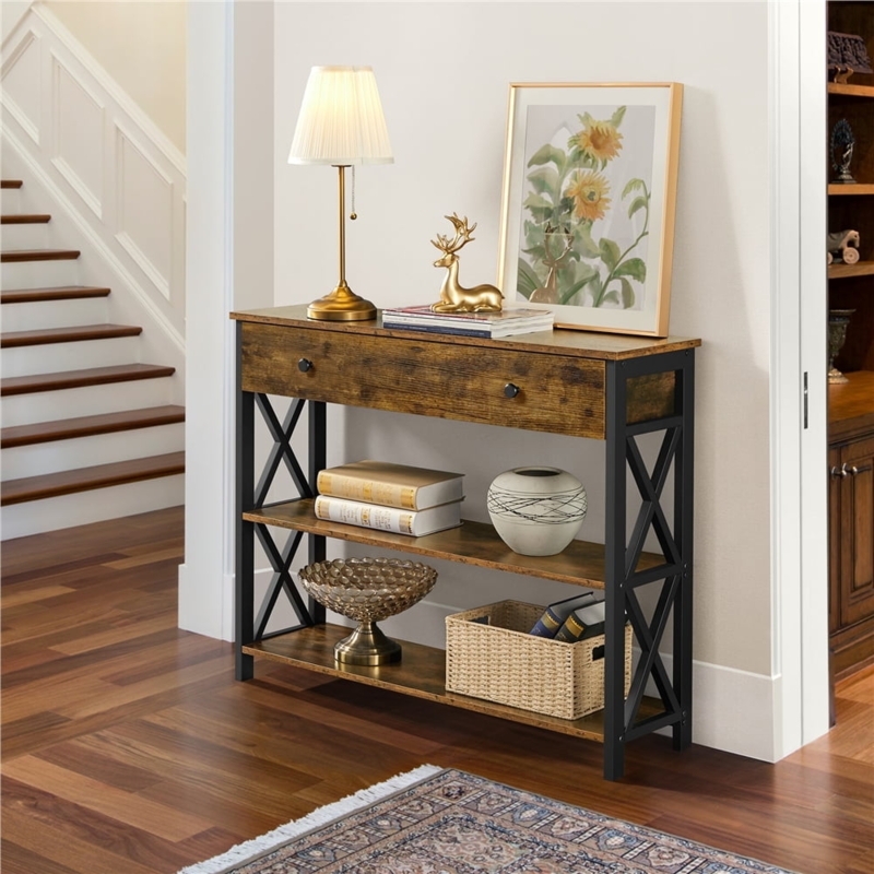 Console Table Industrial X Frame Sides Slim Profile Drawer