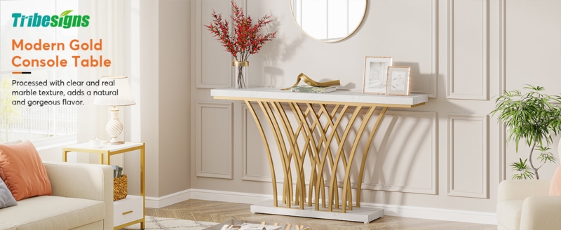 Console Table Interlaced Metal Base Wide Surface Stone Look Modern