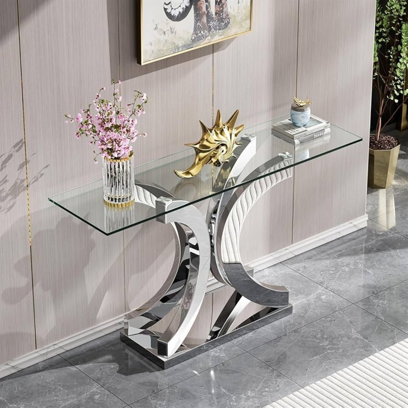 Console Table Interlocking C-Base Polished Silver Metal Glass Top Modern