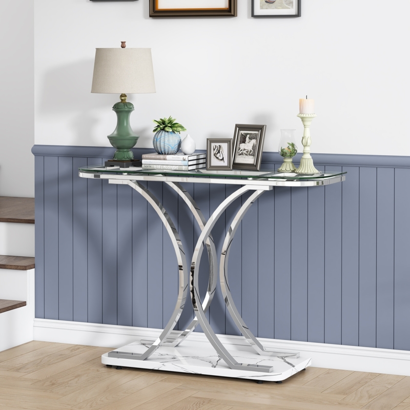 Console Table Interlocking Curved Legs Marble Pattern Base