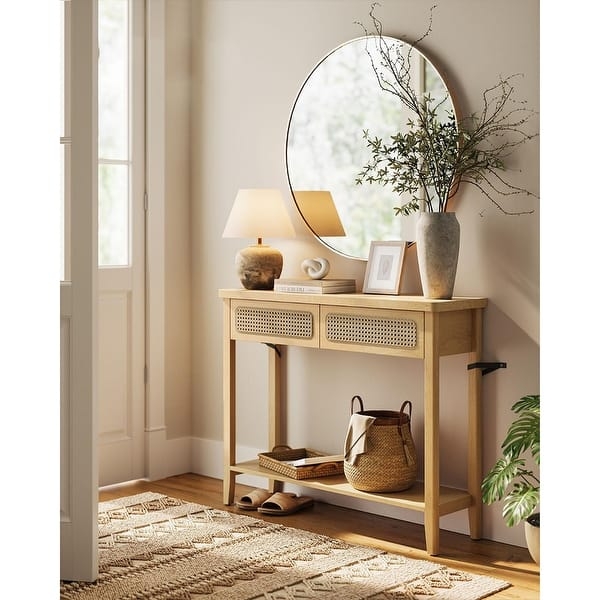Console Table Japandi Woven Cane Drawers Light Wood Entryway Styling