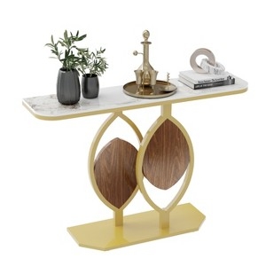 Console Table Leaf Motif Base Polished Gold Stone Like Top Entryway