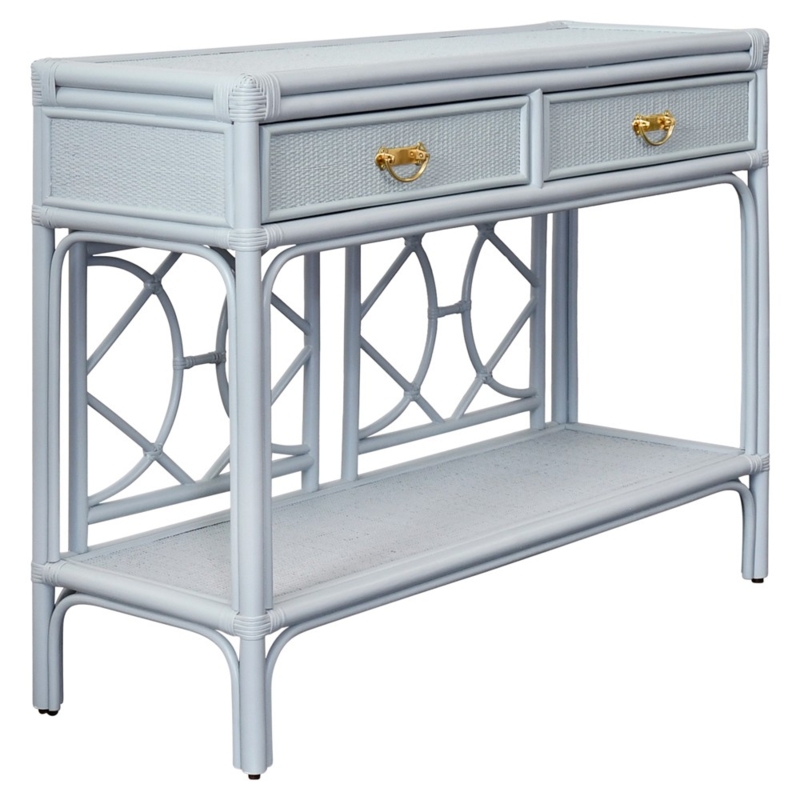 Console Table Light Blue Rattan Lattice Work Back Gold Pulls